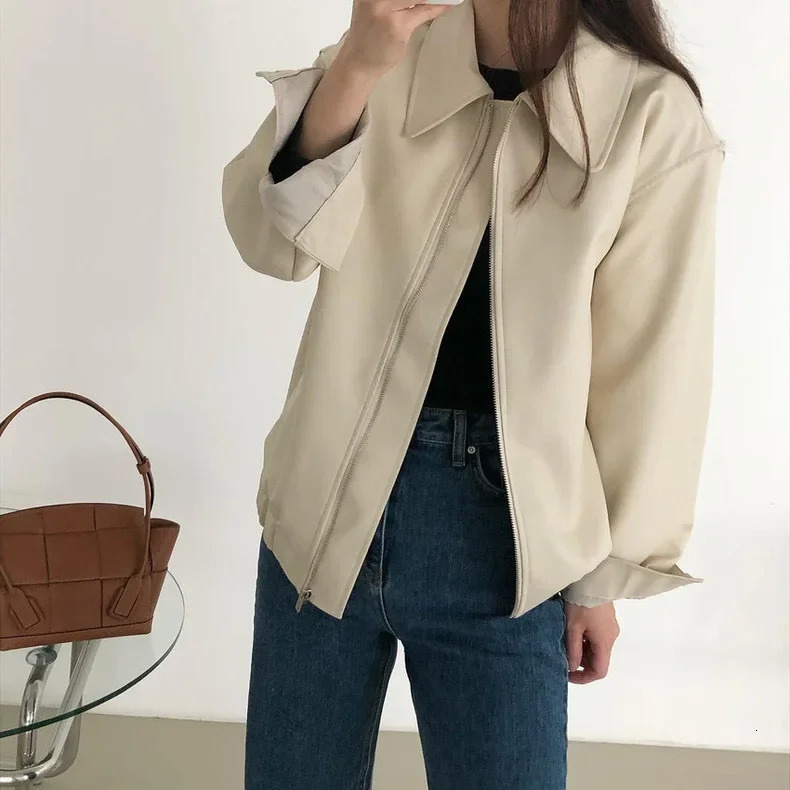Stylish Lapelzip-Up Loose-Fit Casual Korean Chic Autumn Long Sleeve Leather Jacket For Women Unique Motorcycle Jacket 250708