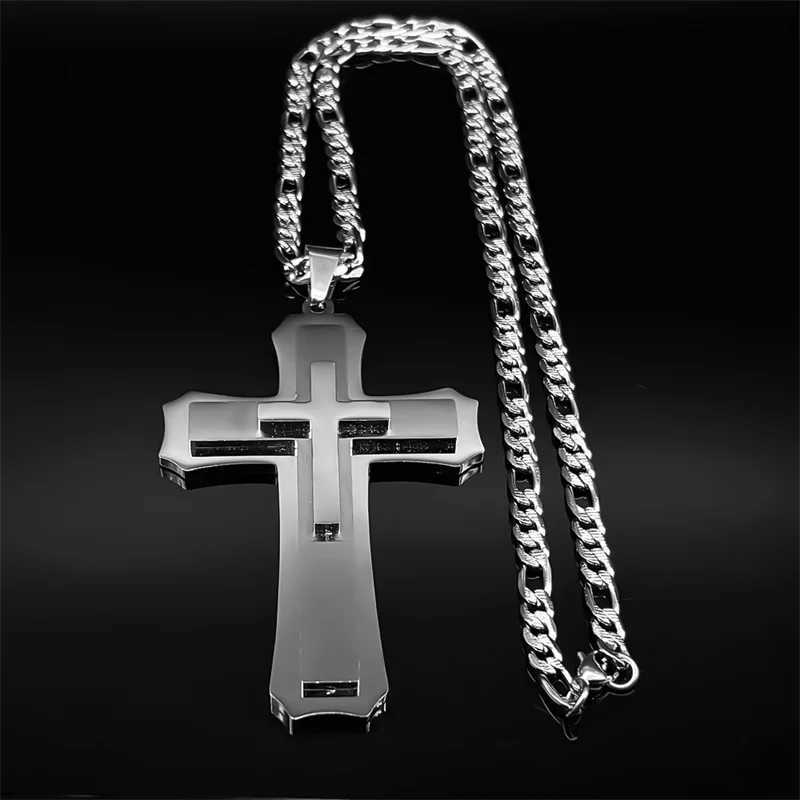 Big Jesus Cross Pendant Necklace for Men Stainless Steel Silver Color Link Figaro Chain Male Jewelry W250712
