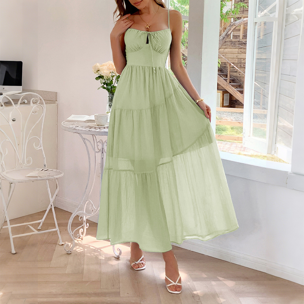 Summer new women's dress, casual vacation with waist, fashionable lace up long dress, summer new luxury designer women's dress, new niche de