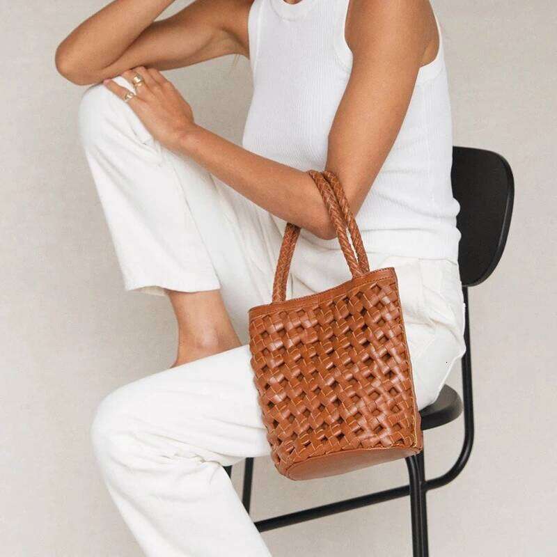 Women Small Woven PU Leather Shoulder Bags Bucket Vintage Hollow Out Female Handbag Girl Totes Bag