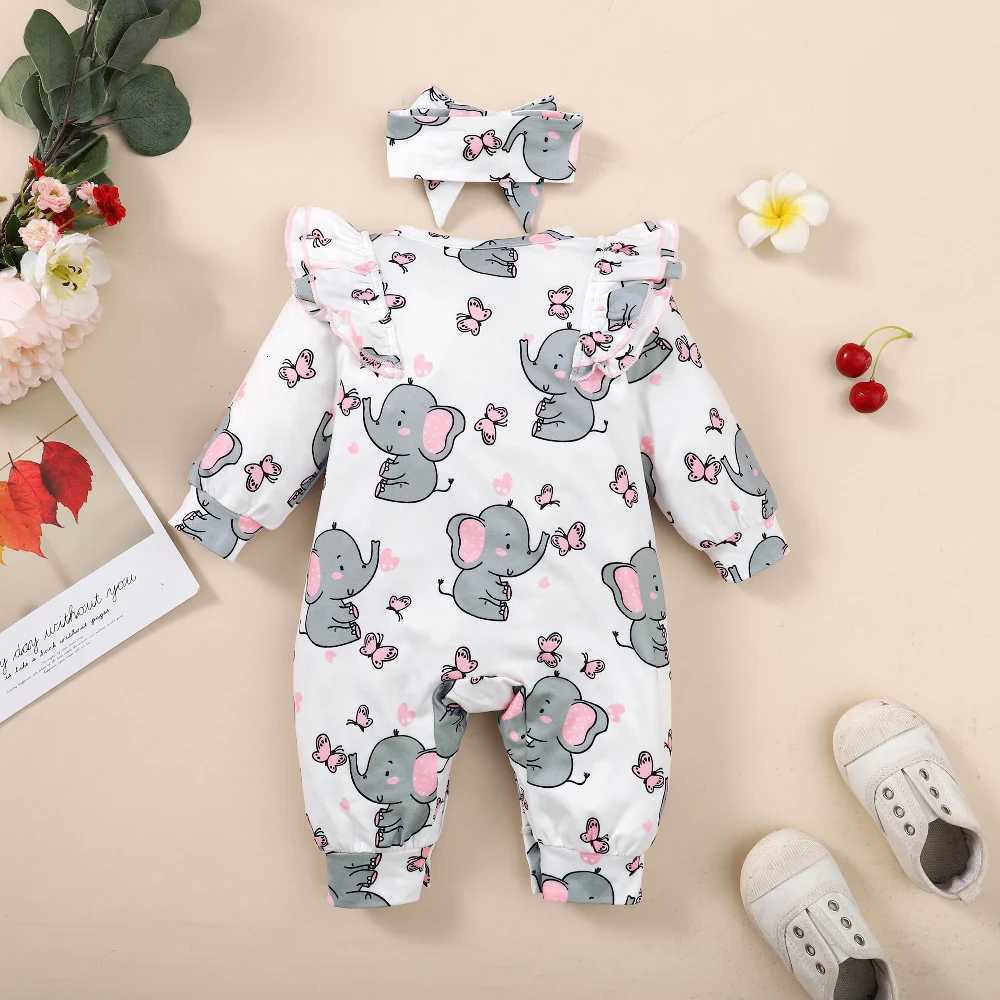 Baby Girl Romper Long Sleeve Cute Elephant Bodysuit+Headband Casual Bodysuit for Toddler Girl 0-18 Months Clothing Z250712