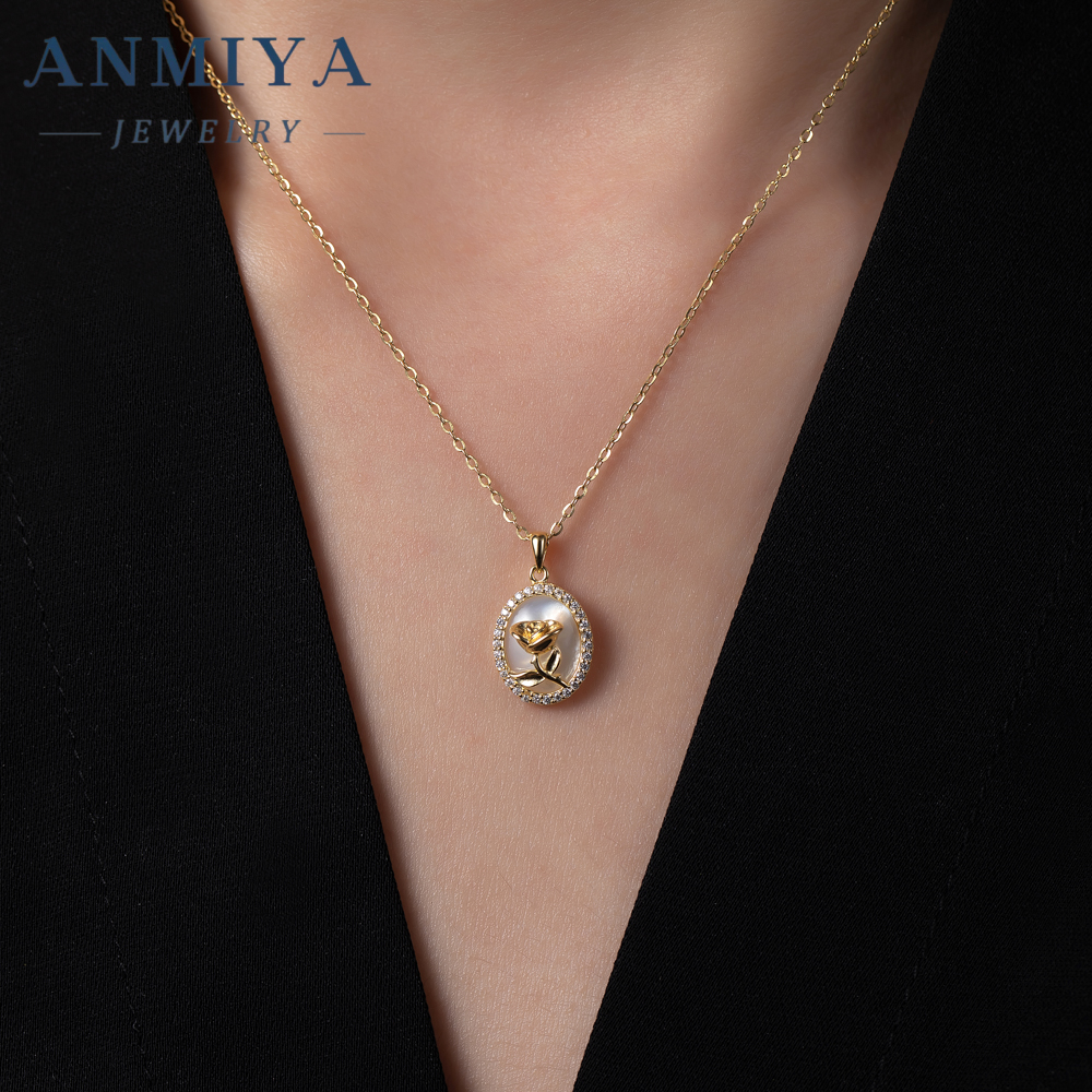Vintage Rose Round Shape Zircon Necklace 925 Sterling Silver Link Chain Fashionable Flower Pattern Necklace for Girls