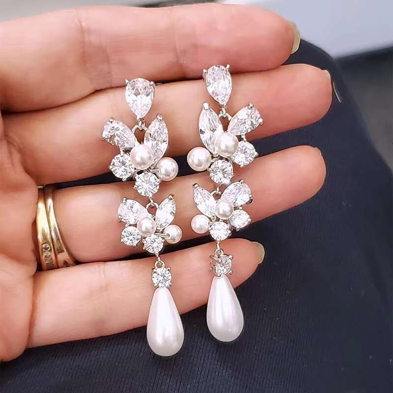 New Trendy Simulated Pearl Zircon Earrings for Women Elegant Engagement Wedding Bridal Earring 925 Silver Plating