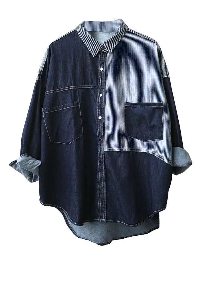 Amax luluE Korean Spring Womens Fashion Striped Denim Shirts Ladies Classic Casual Loose Blouses Vintage Patchwork Tops 250704