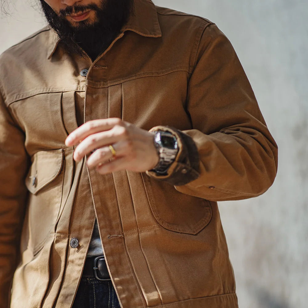 Maden Canvas Rancher Jackets with Collar Back Paris Button Khaki Denim Jacket for Men Vintage Heavyweight Pocket Fall Outerwear 250710