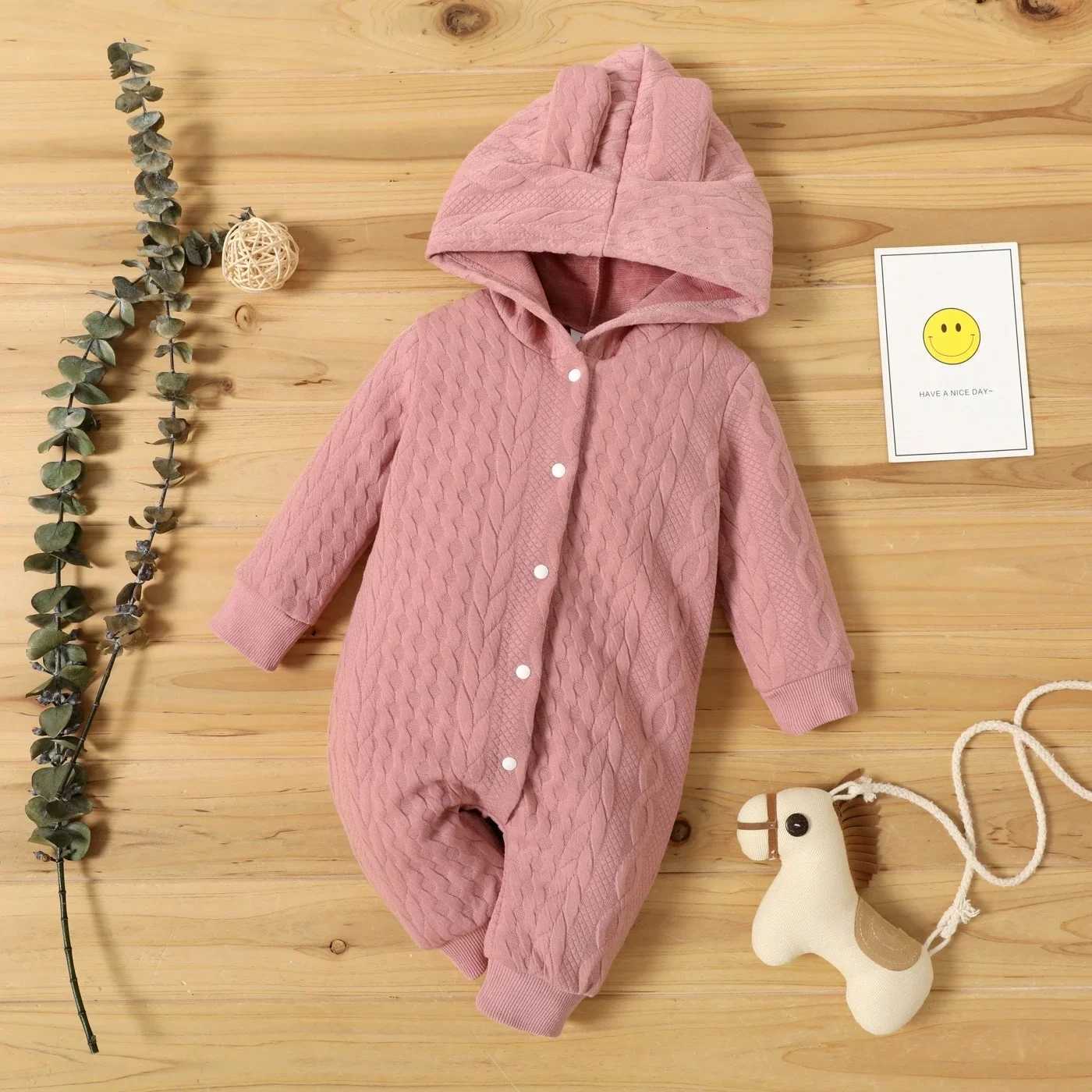 0-18 Month Newborn Baby Romper Boys Girls Cute Ears Solid Hooded Long Sleeve Baby Bodysuit Clothes Infant Autumn Winter Costumes Z250712