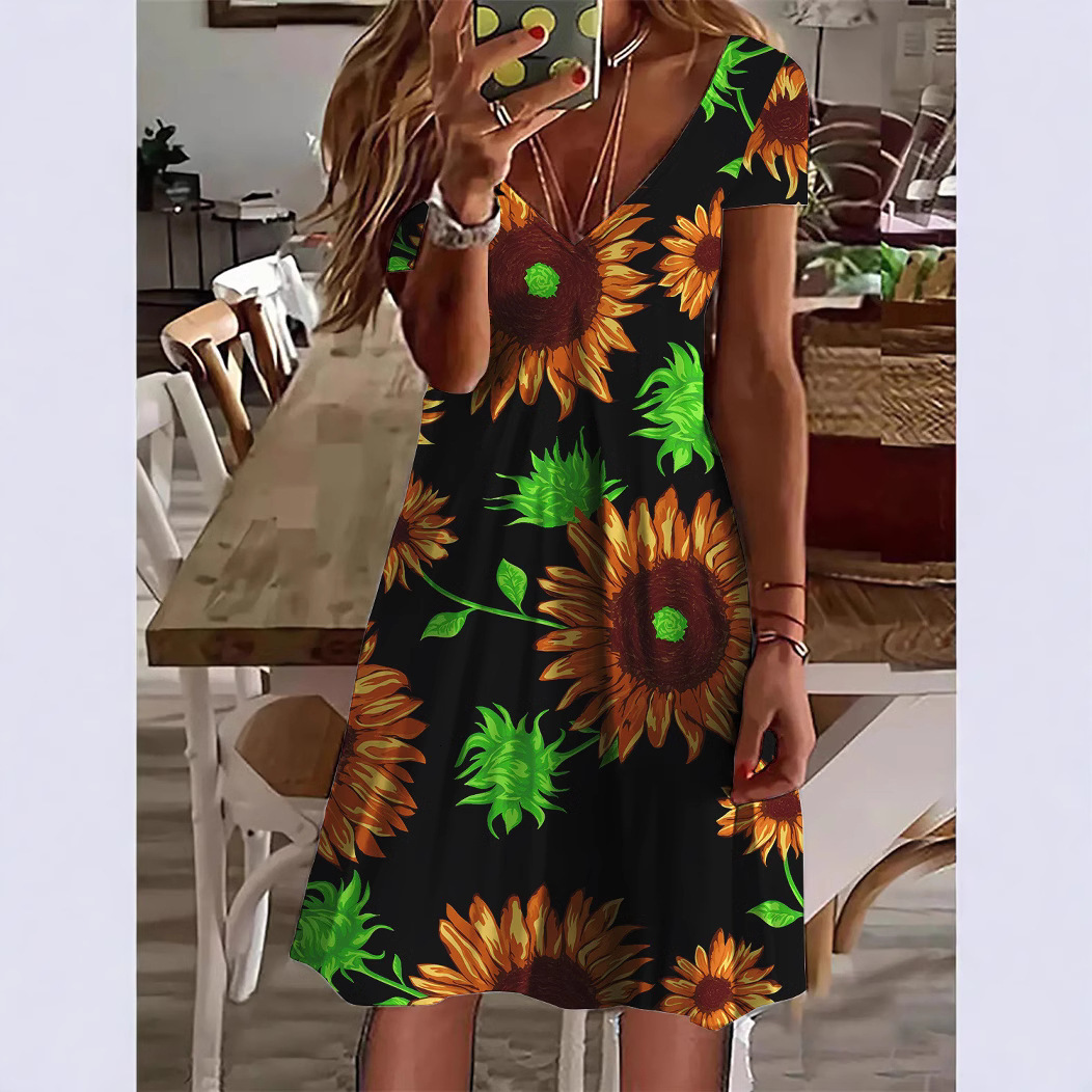 2025 Summer new women's dress, summer new casual V-neck loose print fashionable short sleeved dress, new designer dress