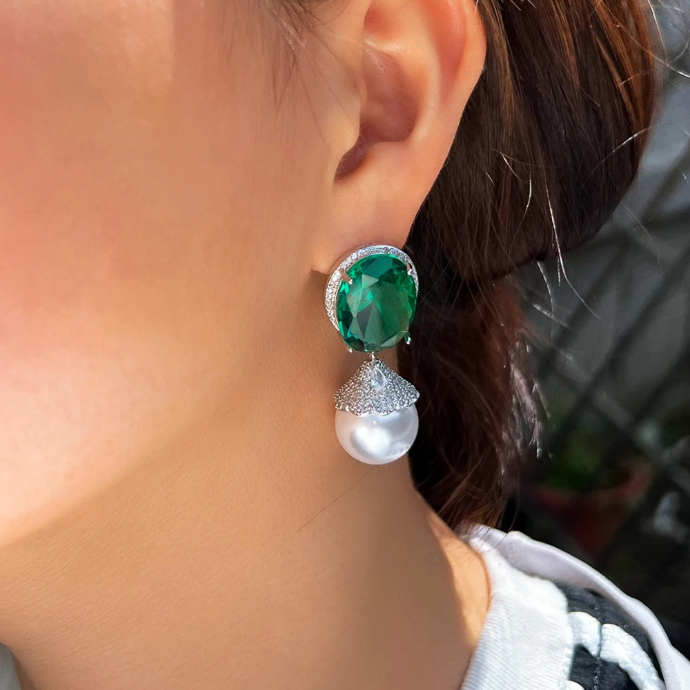 ThreeGraces Elegant Green Cubic Zirconia Big Simulated Pearl Drop Earrings for Women Bridal Wedding Party Jewelry E1933 250711