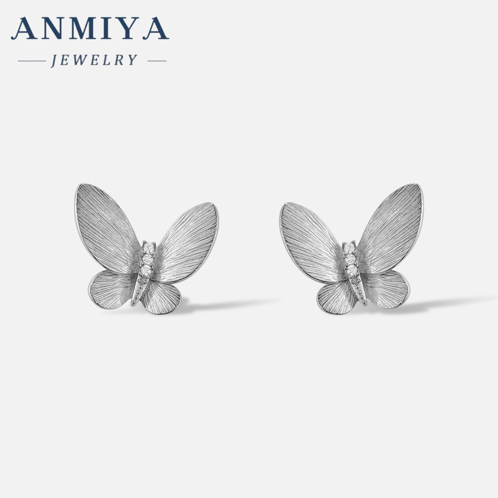 Factory 18K Real Gold Earrings Simple Butterfly Shape Inlaid with Delicate Zircon Women's Small Stud Earrings