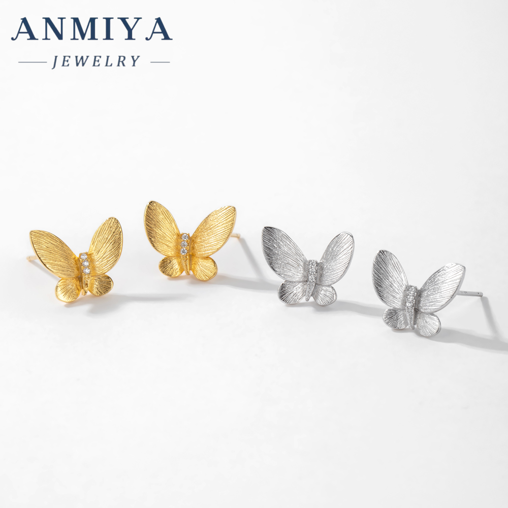 Factory 18K Real Gold Earrings Simple Butterfly Shape Inlaid with Delicate Zircon Women's Small Stud Earrings