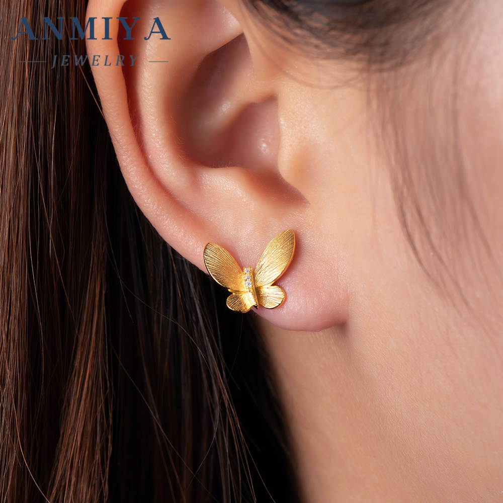 Factory 18K Real Gold Earrings Simple Butterfly Shape Inlaid with Delicate Zircon Women's Small Stud Earrings