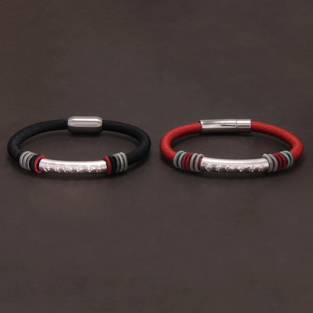 999 Pure Silver Six Words Mantra Tube Charm Rope Bracelet Hand Woven Black Red Braided Bracelet Women Men Retro Jewelry 250712