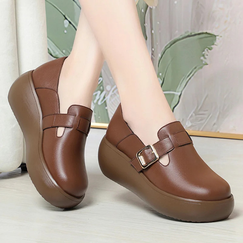 Spring Autumn Fashion Casual High Soft Bottom Leather Womens Round Toe Wedge Thick sole Anti-slip Single Shoes 250707
