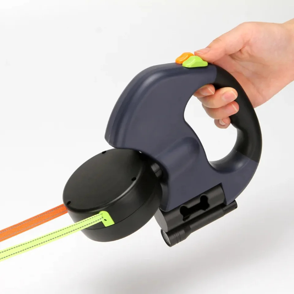 Double Retractable Dog Leashes 3m with Flashlight Poop Bag | Telescopic Nylon Extending Lead for Walking | Service Dog Tractio 250709