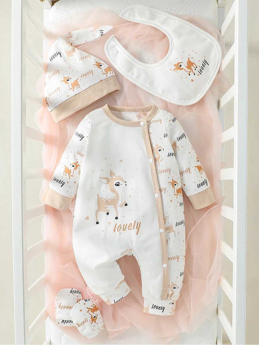 4Pcs Baby Girls Long Sleeve All Seasons Deer Open Stitch Pastoral Jumpsuit+Bib+Gloves+Hat Z250712