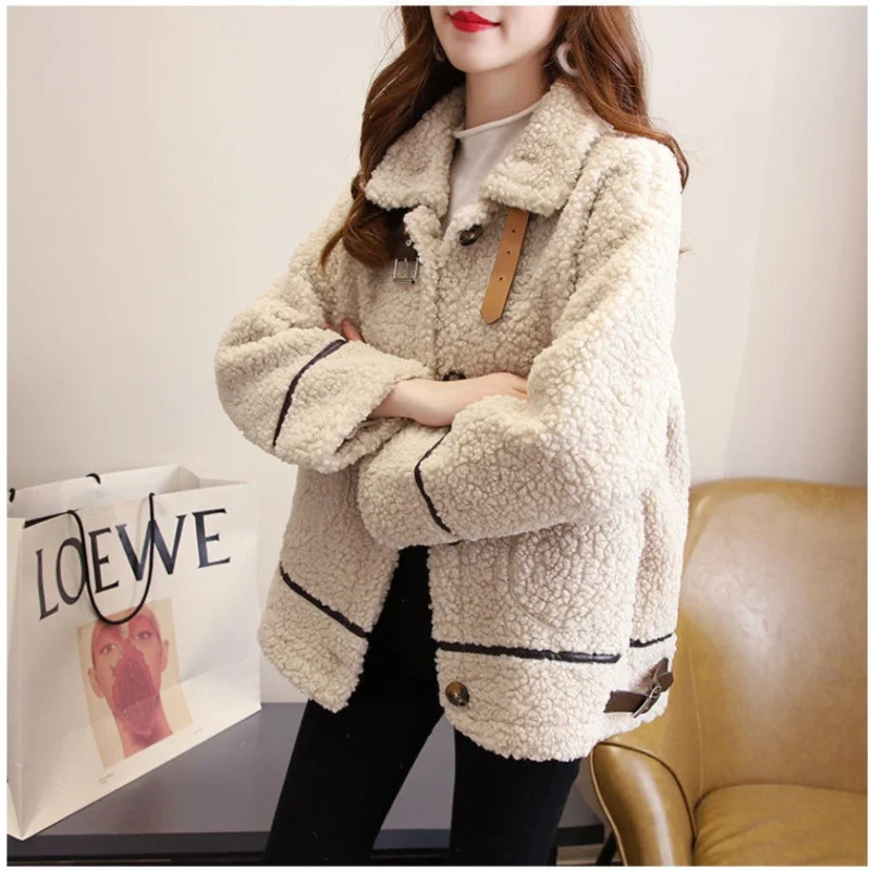 Women Autumn Winter Lamb Wool Faux Fur Thick Plush Warm Cardigan Coat Female Oversized Long Sleeve Turn-down Collar Outerwear 250708