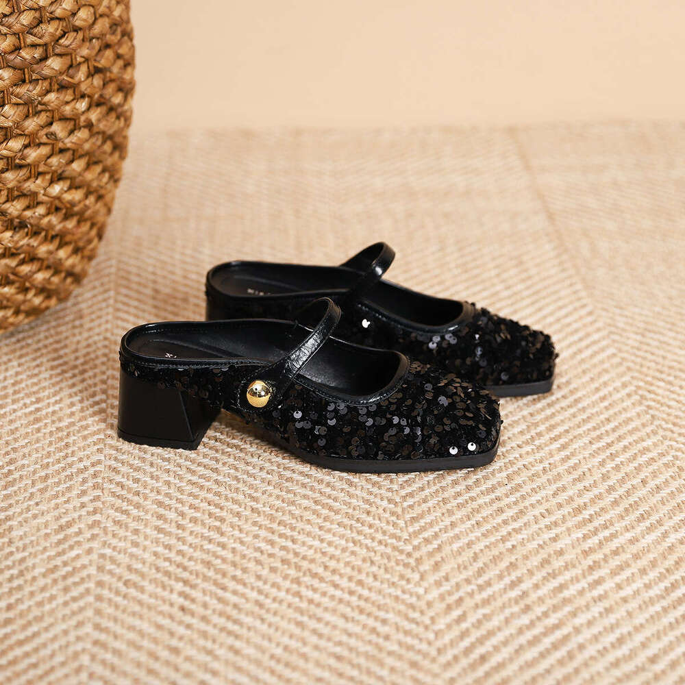 T8-17 French Style Silver One-Strap Mid-Heel Mary Jane New Shallow Mouth Square Toe Chunky Heel Women's Shoes