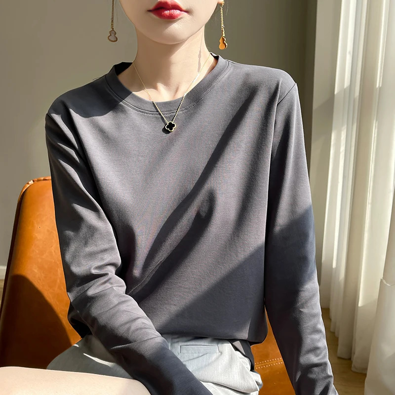 Spring Autumn 100% Cotton Long-Sleeved T-Shirt Womens Round Neck Mercerized Cotton Bottoming Shirt Loose Top 250707