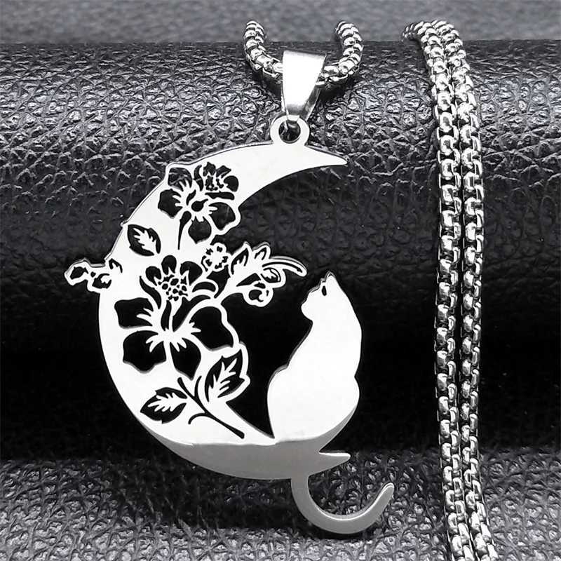 3220 Aesthetic Cat Flower Moon Crescent Necklace for Women Men Stainless Steel Silver Color Bohemian Chain Gift Jewelry Necklace W250712
