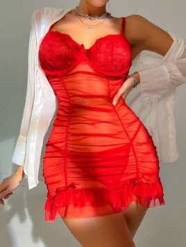 Sexy Lingerie Set Lace Lingerie Sexy Underwear Nightclub Women Sexy Fun Nightwear See Through Ruched Strap Nightdress Thong