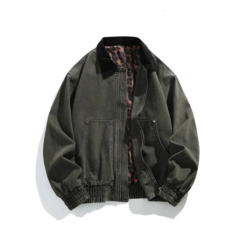 Mens Jacket Mens Workwear Collared Outerwear Vintage Pure Cotton Leopard Print Detroit Jacket Mens Leather Bomber Jacket Denim 250710