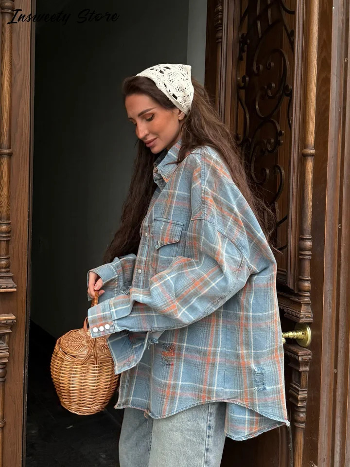 Denim Plaid Shirt Coat Womens Loose Single Breasted Turndown Collar Full Sleeve Tops 2025 Spring Ladies Fashion Streetwear 250704