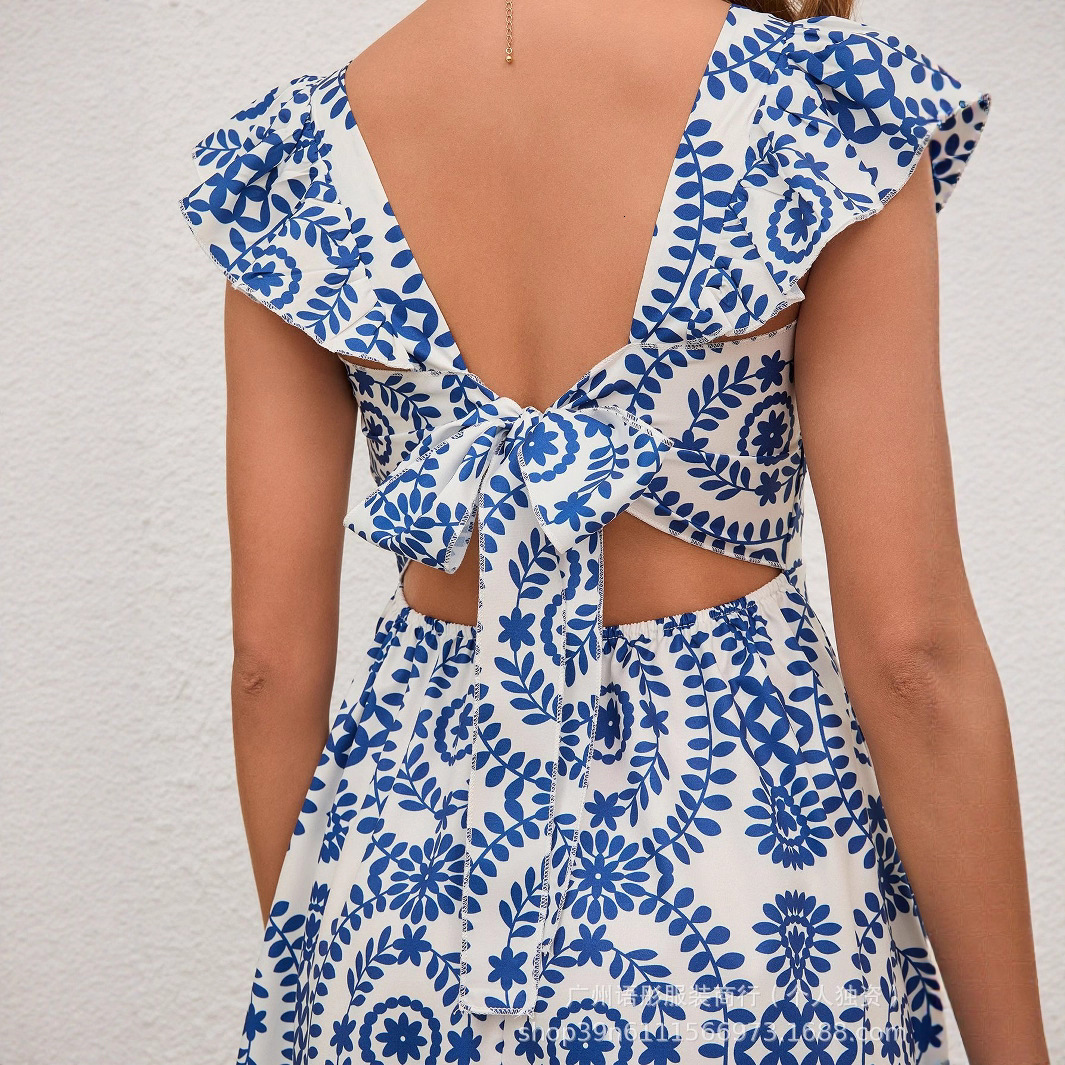Summer clothing new women's skirt fashion new casual women's pleated lace up printed tie dress new designer dress luxury designer women'