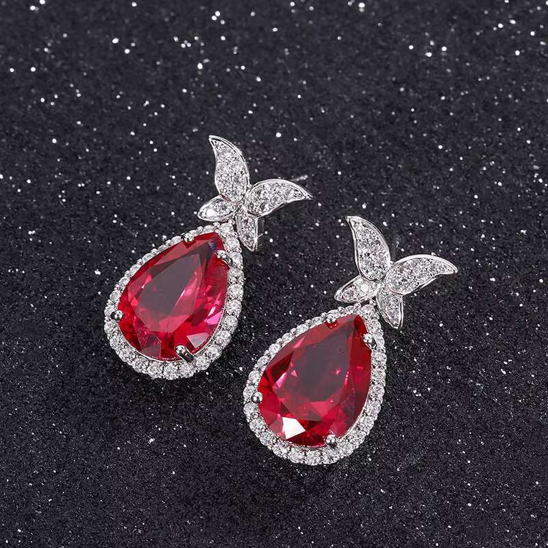 New Exquisite Butterfly Design Big Pear Shaped Red Crystal Cubic Zirconia Earring for Women Wedding Jewelry Drop Earrings