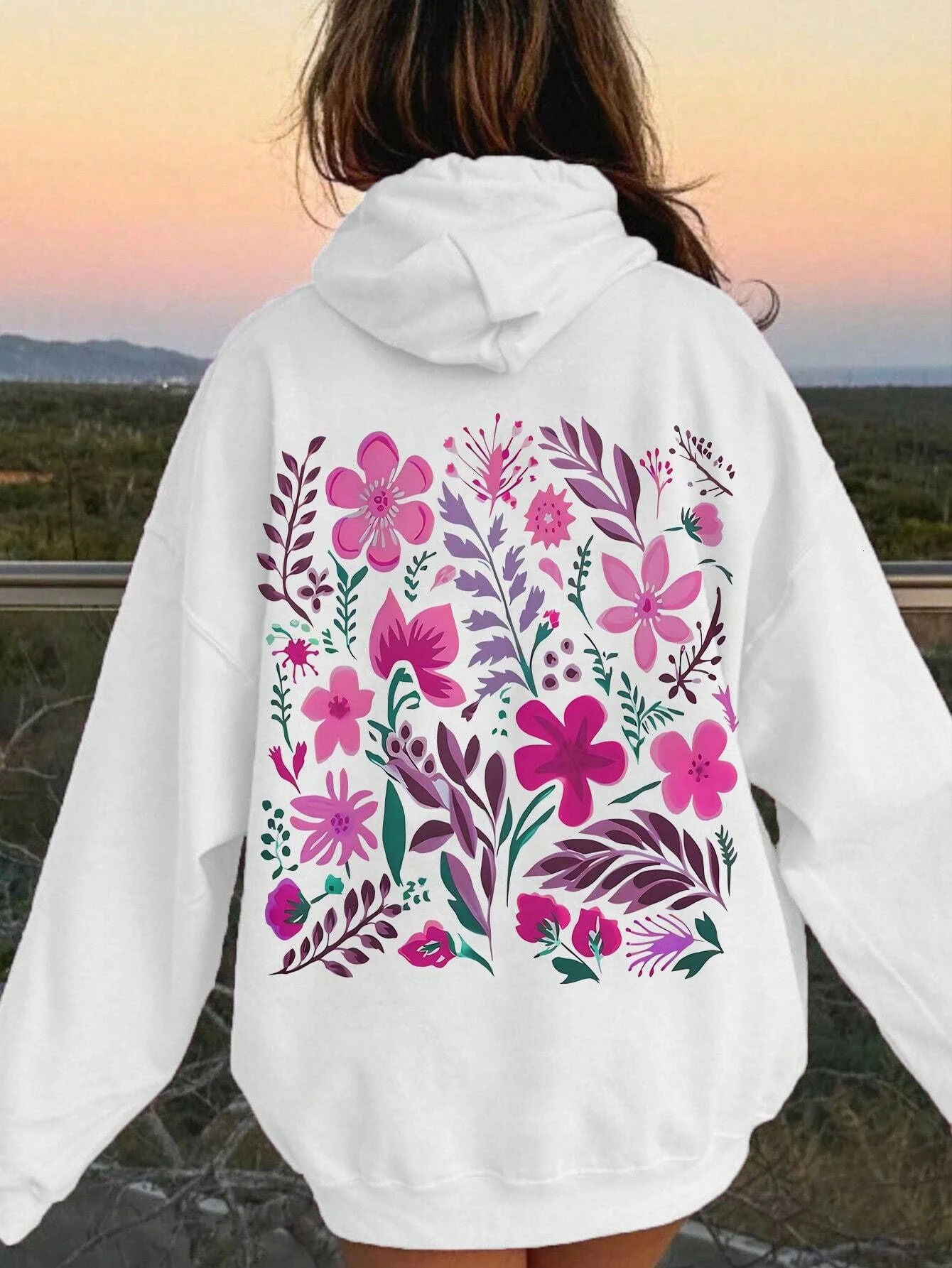 Pink Flower Printing Women Hoody Harajuku Loose Sweatshirt Fleece Warm Comfortable Hoodies Vintage Autumn Crewneck Woman Top 250707