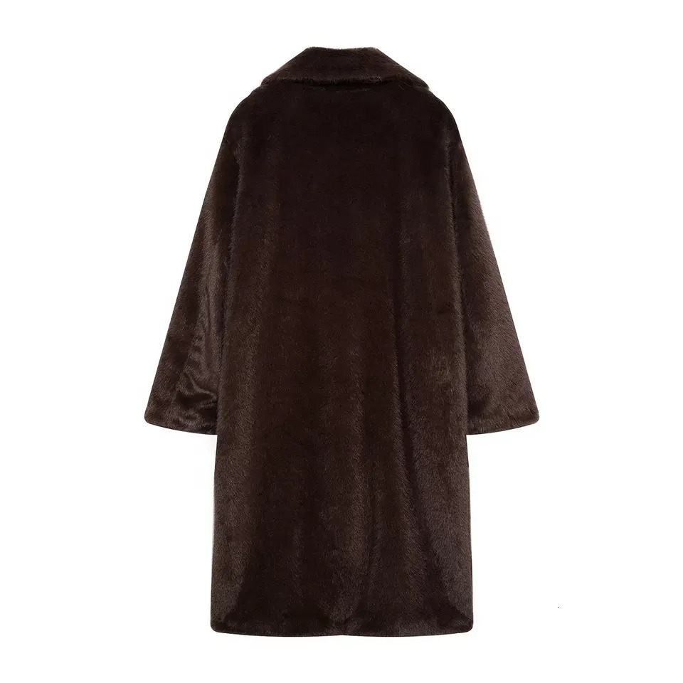 Womens Fall Winter Faux Fur Long Coat TRAFZA Vintage Lapel Buttons Loose Coat Fashion Casual High Street Warm Coat 250708