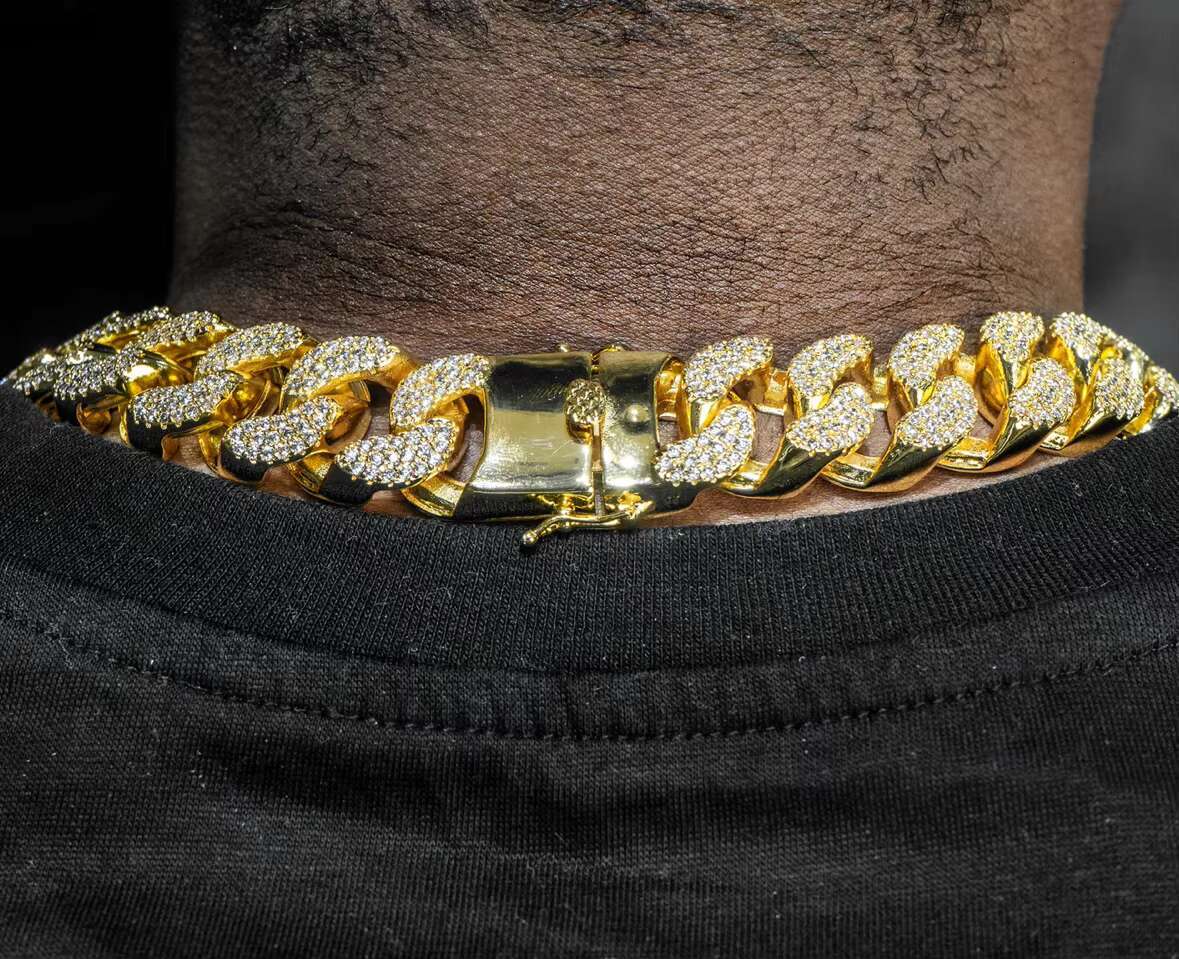 19MM Solid 925 Silver Hip Hop Cuban Link Chain 18K Gold Plated with Studded VVS1 Moissanite Diamond Passes Tester 16-30 Inches