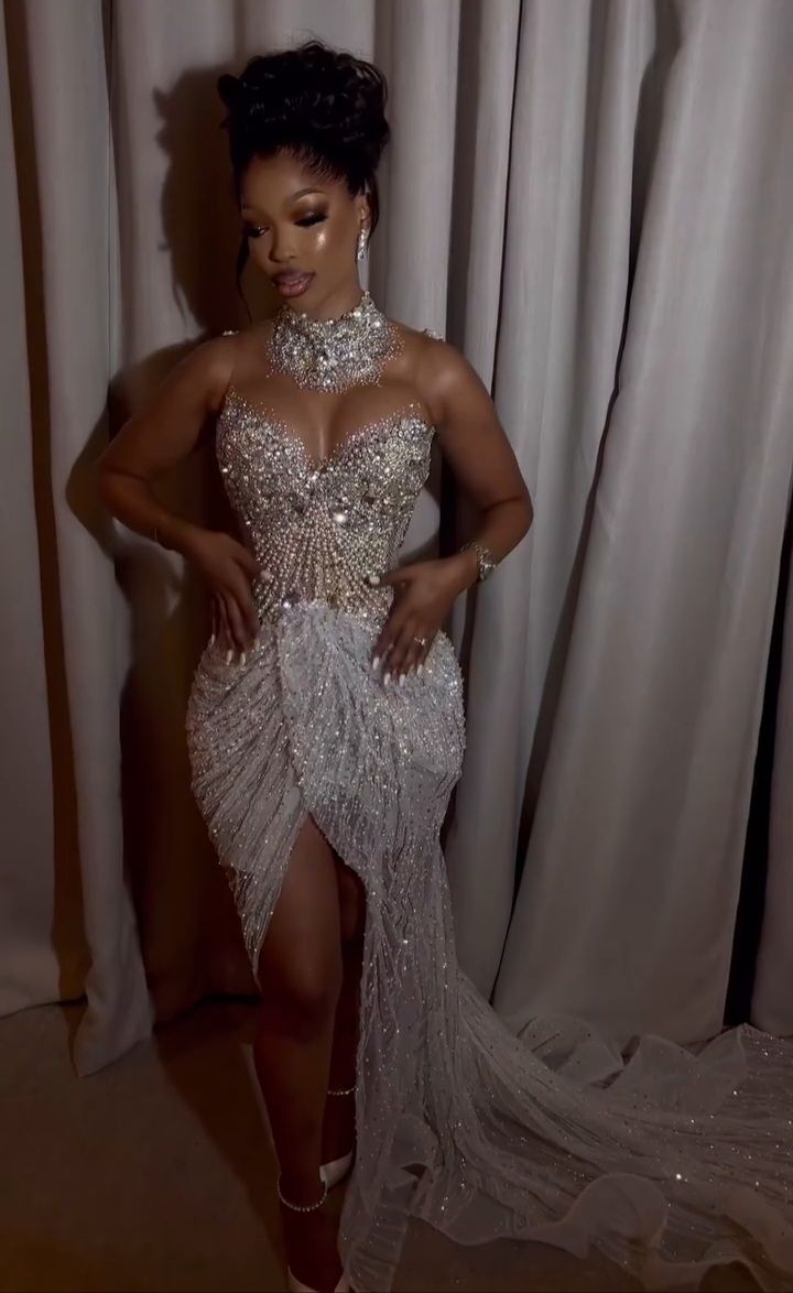Ivory Mermaid Prom Dresses 2025 Crystals Pearls High Split Sequined Evening Formal Party Second Birthday Engagement Gowns Plus Size Dress For Special 