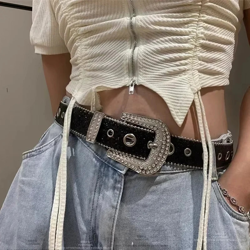 Fashion Rivet Rhinestone Belts PU Leather Bling Crystal Adjustable Belt Y2k Glitter Belts Jeans Pants Dress Belt For Women Girls 250711