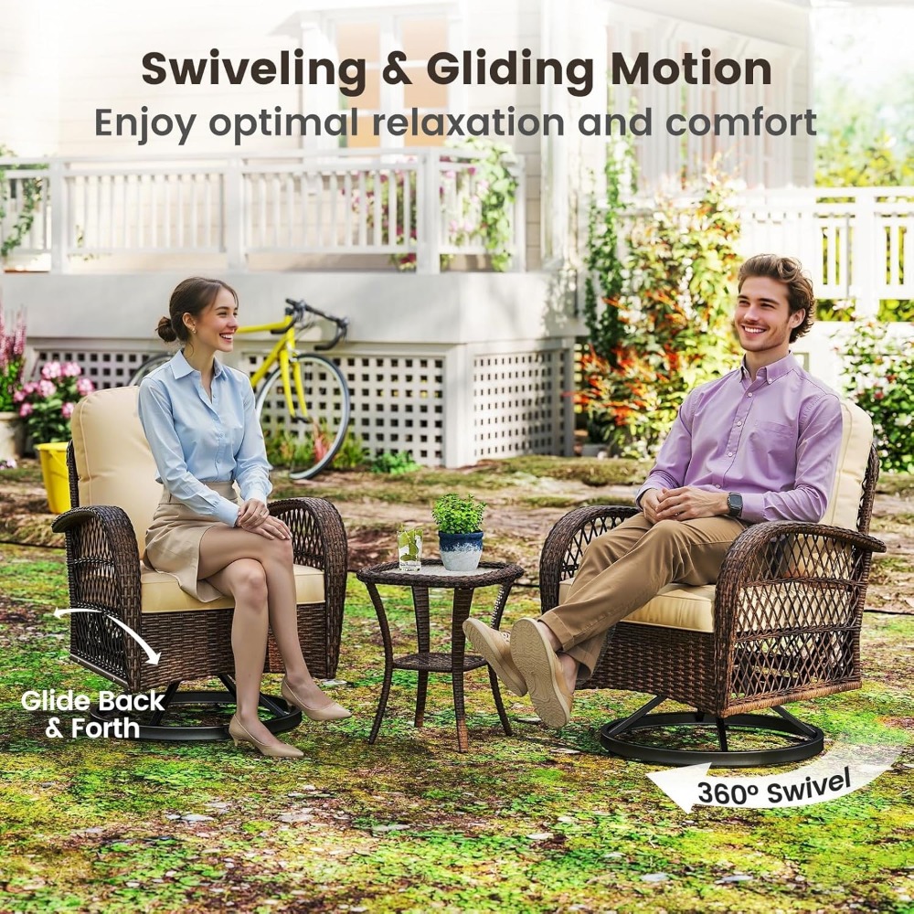 3 Pieces Wicker 360° Dwe74 Swivel Rocker Set Patio Furniture, Rocking Chairs With Cushions, Tempered Glass Coffee Table, Outdoor Ratt