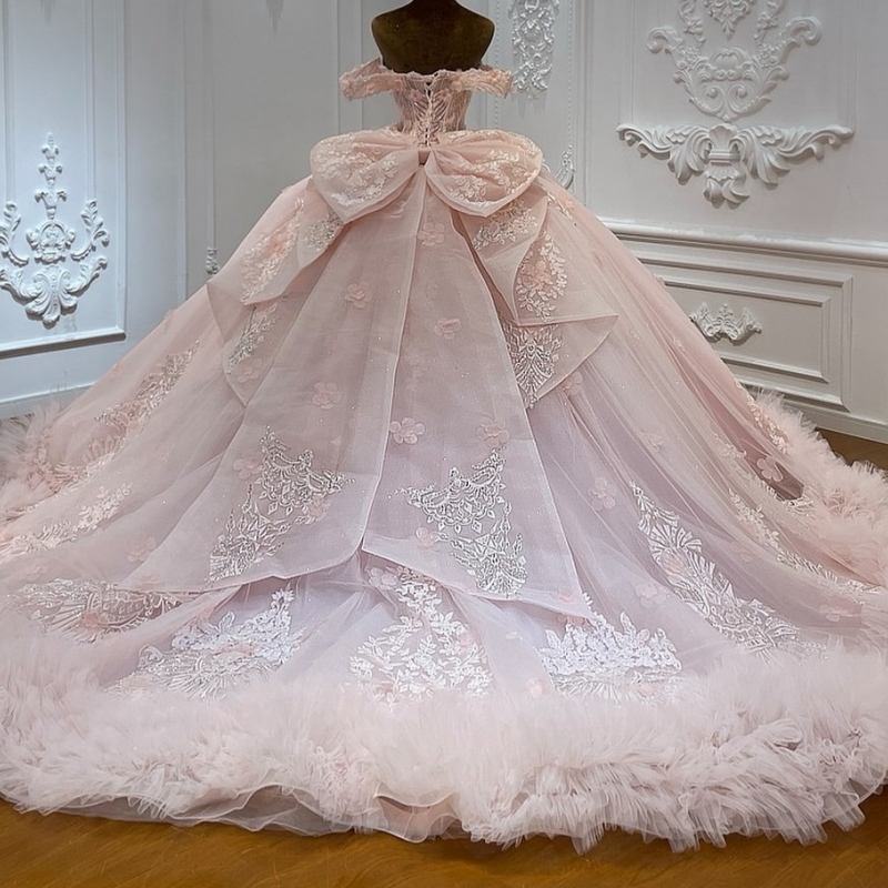 Pink Quinceanera Dresses Ball Gown Off The Shoulder Applique Flower Beading Bow Tiered Tull Corset Party Birthday Sweet 16 Dress Vestidos 15 Anos
