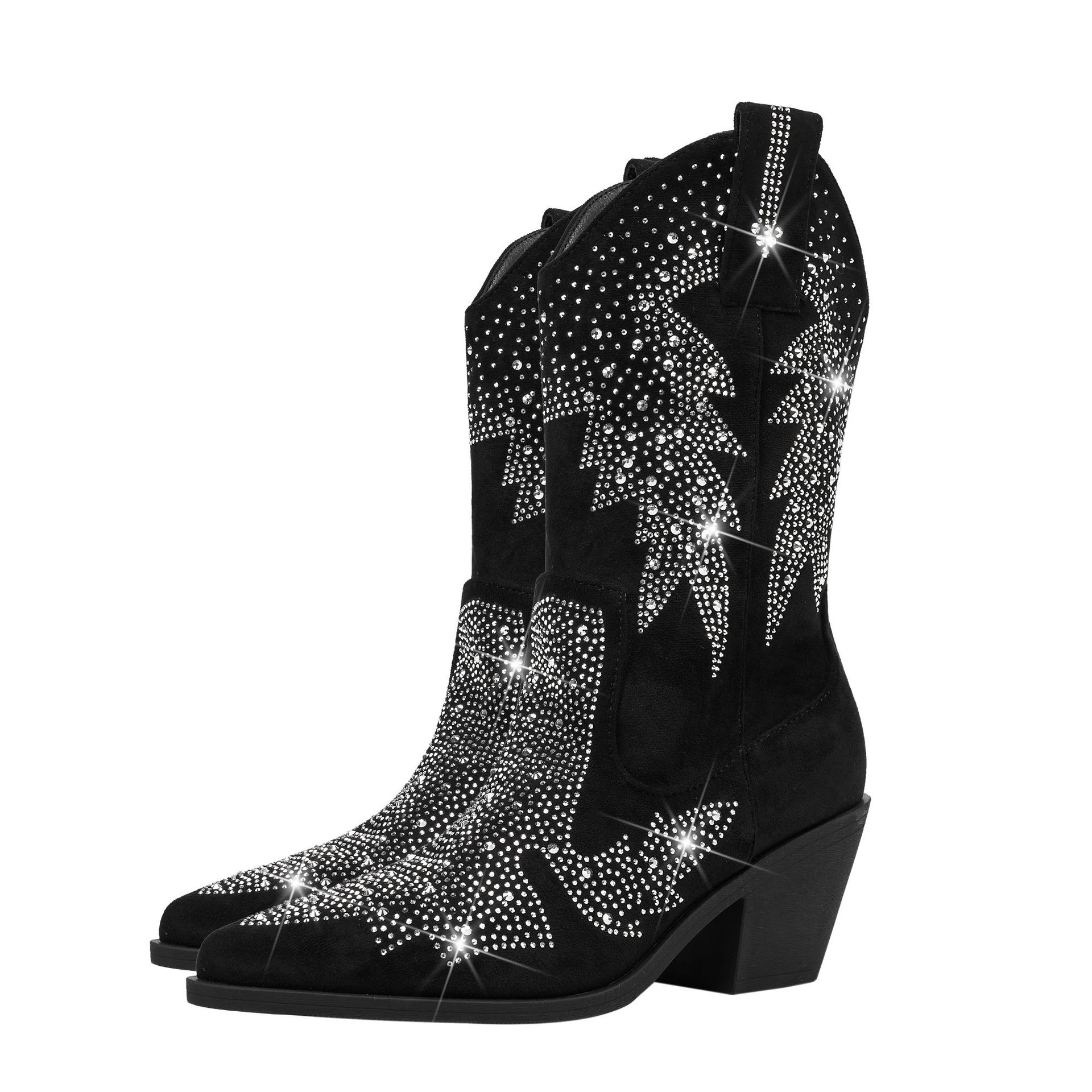 Women's Western Rhinestone Ankle Boots - Pointed Toe Block Heel Suede Fashion Booties