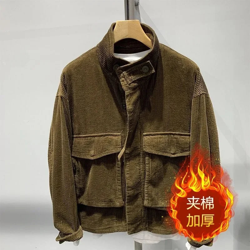 Corduroy Zipper Cargo Pocket Jacket Mens Spring Autumn Versatile Large Pocket Workwear Coat Loose Casual Mens Preppy Jacket 250708