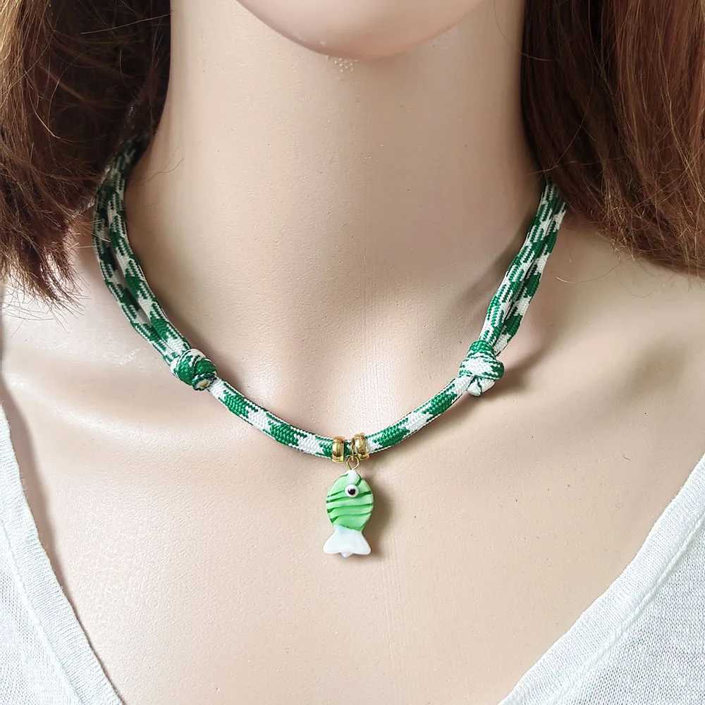 2025 Summer New In Red Green Nautical Cord Necklace With Fish Charm Rope Choker Necklace W250712