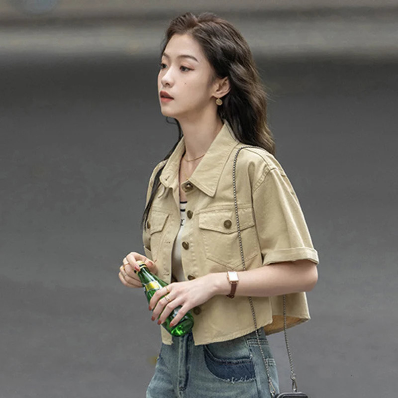 Vintage Khaki Denim Shirt Women 2025 High Street Short Sleeve Cropped Summer Streetwear Y2K Cargo Jacket Female 250704