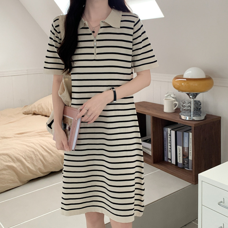 DR266 Loose Stripe Casual Knit Short Skirt Lapel Zipper Midi Skirt