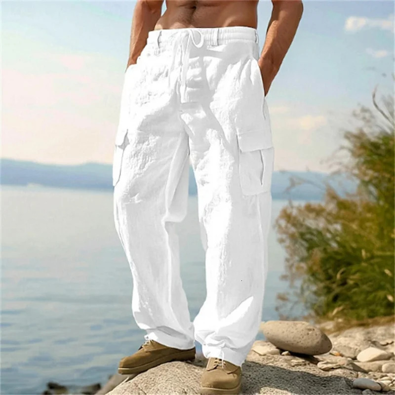 Summer Men Casual Pants Loose Comfortable Straight Leg Pants Multiple pockets Cargo Pants Drawstring Thin sports Trousers 250708