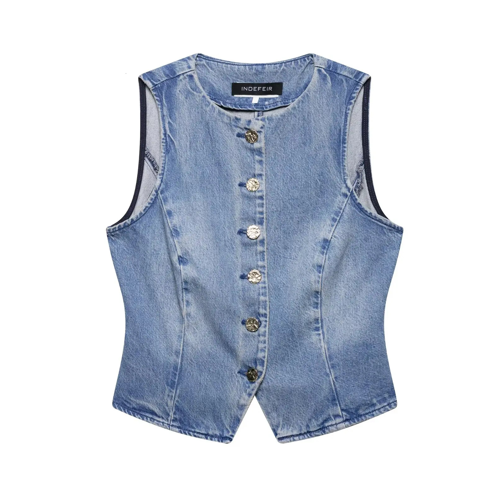 Zevity Women Basic O Neck Breasted Slim Denim Blouse Female Chic Sleeveless Buttons n Vest Shirt Jeans Crop Tops LS9184 250704