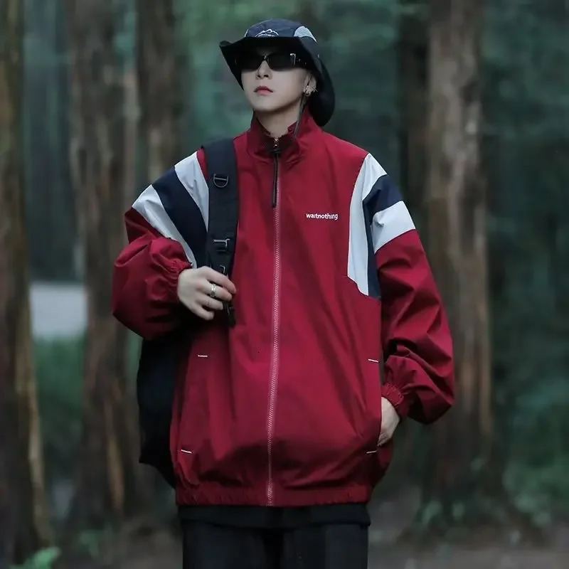 Japanese Style Color Block Blazer Jacket Mens Loose Fit Casual Clothing Outdoor Stand Collar Vintage Fashion American Style 250708