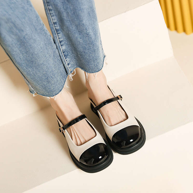 Q1-1 Color Block Mary Jane Shoes for Women British Style Shallow Mouth Niche Design Backless Closed Toe Chunky Heel Slippers