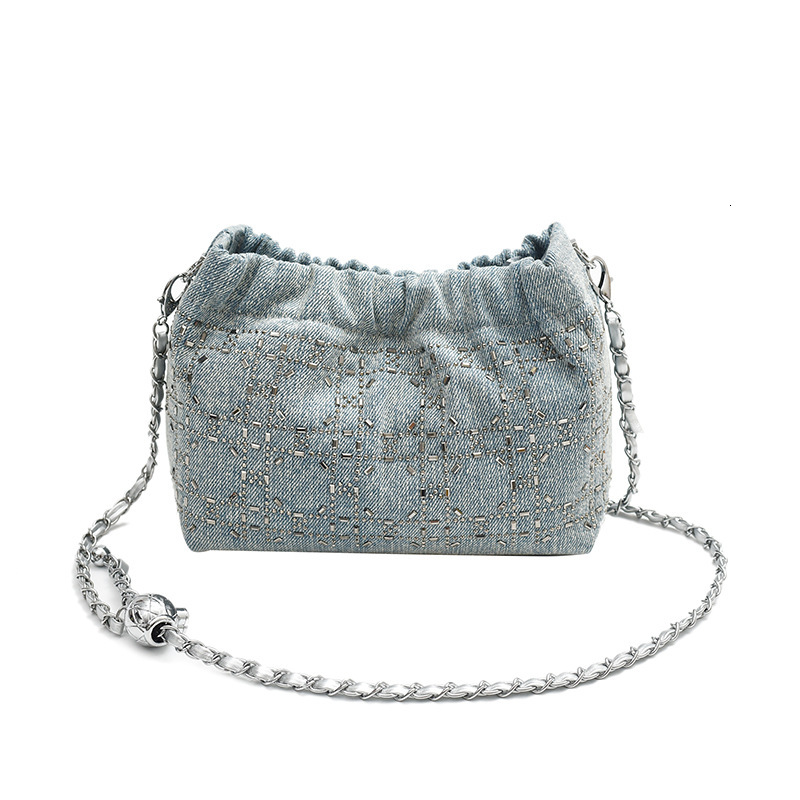 Free Shipping Designer Bag Super Popular Niche Rhinestone Bag For Women 2025 New Stylish Versatile Luxury Bag Chain Crossbody Bag Denim Pleated Bucket