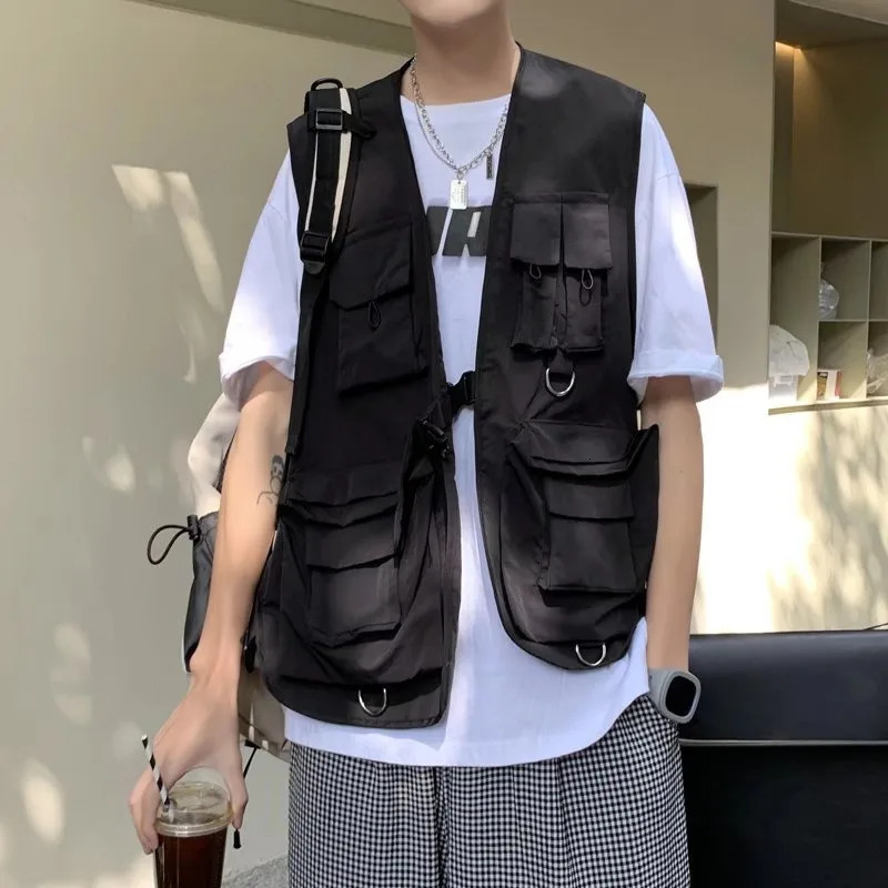 2025 mens summer handsome and thin multi-pocket tooling vest 250710