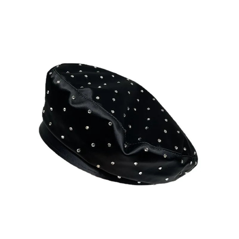 Satin Rhinestone Beret Cap Womens Fashion Black Painter Hat Spring and Autumn Octagonal Hats sboy Gorras Casquette 250712
