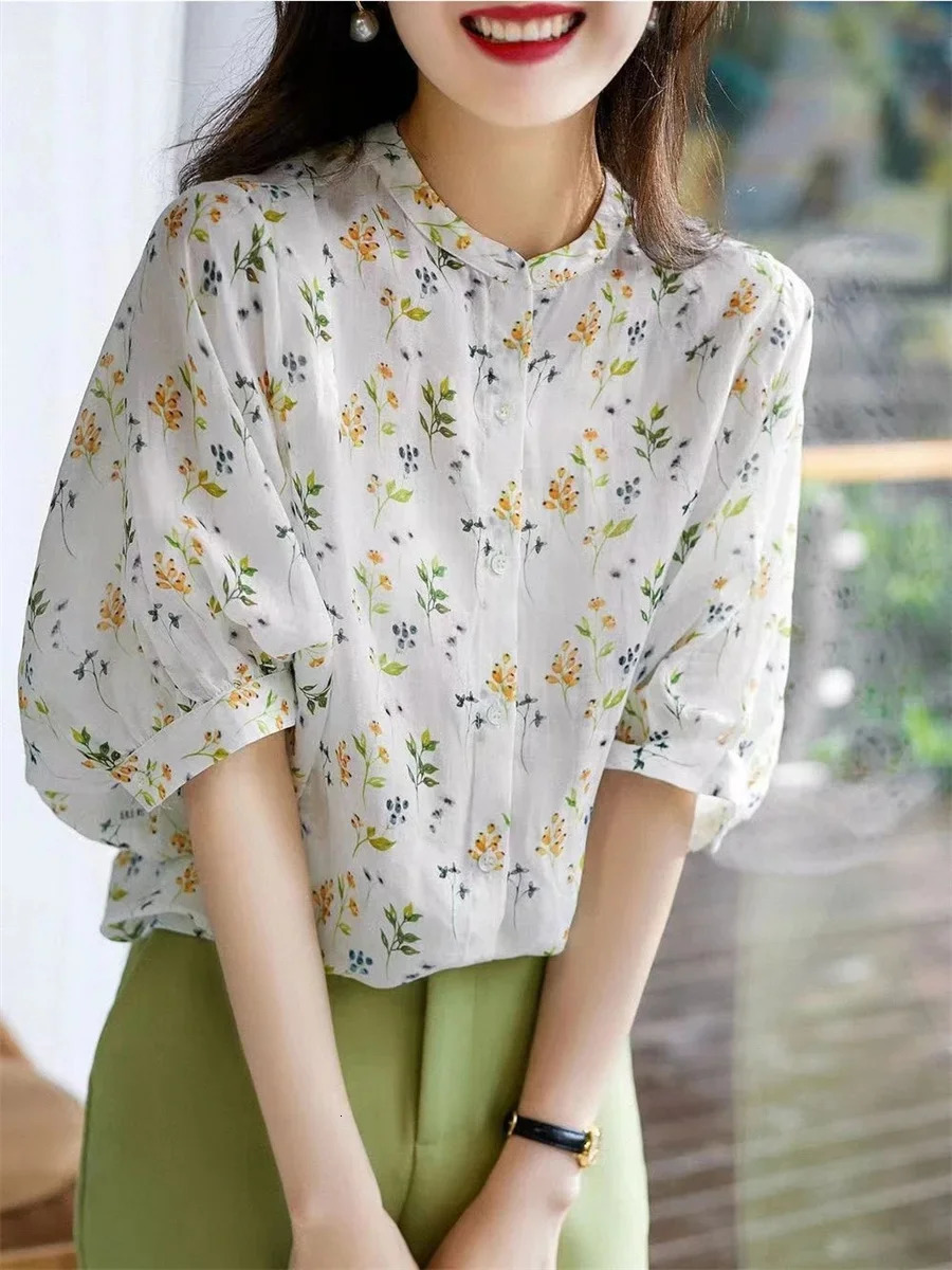 Women Summer Style Blouses Tops Lady Casual Short Puff Sleeve Stand Collar Flower Printed Blusas Tops 250708