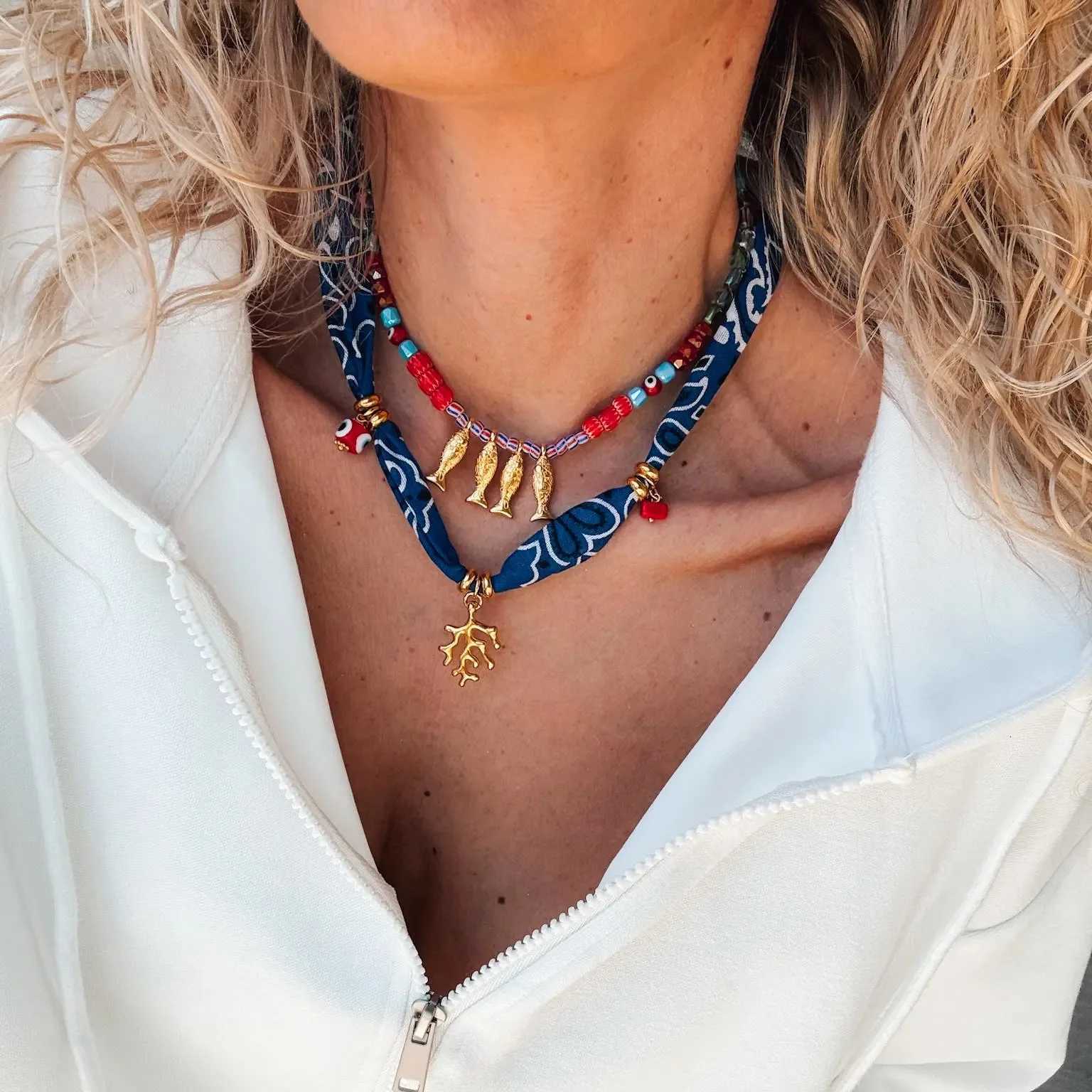 18K Gold Plated Fish Coral Stainless Steel Pendant Necklace Bohian Dark Blue Bandana Summer Beach Jewelry Gift for Her W250712