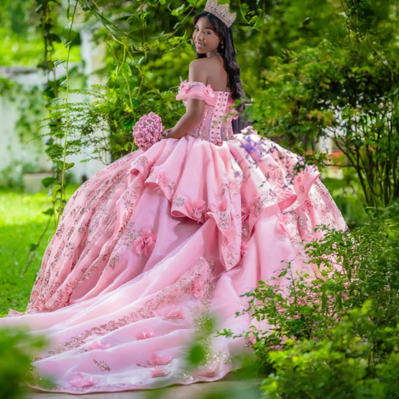 Pink Shiny Quinceanera Dresses Ball Gown Off The Shoulder Sequin Applique Flower Beads Tull Corset Party Birthday Sweet 16 Dress Vestidos 15 Anos